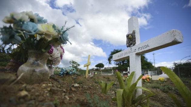 Argeo Caraballo’s burial site at the municipal cemetery in Vieques. Caraballo was one of the dialysis patients who died hoping the mobile unit that federal officials purchased to provide dialysis on Vieques would arrive after Hurricane Maria ruined the island’s  dialysis centre. Officials have are yet to respond to why Vieques still has no dialysis centre. (Carlos Giusti / AP) 
