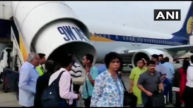 Passengers of the Mumbai-Jaipur flight after the flight returned to Mumbai airport following loss of cabin pressure. (ANI photo) Passengers of the Mumbai-Jaipur flight after the flight returned to Mumbai airport following loss of cabin pressure. (ANI photo)