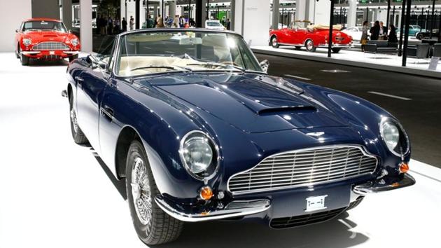 A 1969 Aston Martin DB6 Volante convertible sports car on display in Basel in September 2018.(Reuters)