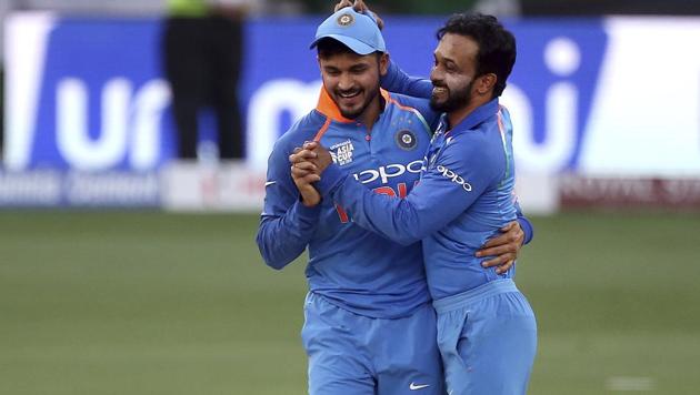 Kedar Jadhav (right) celebrates after dismissing Pakistan skipper Sarfraz Ahmed. (AP) Kedar Jadhav (right) celebrates after dismissing Pakistan skipper Sarfraz Ahmed. (AP)