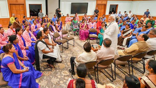 PM Narendra Modi on Thursday interacted with a group of Asha workers, who recounted how they were instrumental in saving lives of poor mothers and children through timely intervention. The group of about 90 Asha representatives from across the country also thanked the Prime Minister for the recent announcement of increase in their incentives and insurance cover, a statement from the Prime Minister’s Office said. (PTI) PM Narendra Modi on Thursday interacted with a group of Asha workers, who recounted how they were instrumental in saving lives of poor mothers and children through timely intervention. The group of about 90 Asha representatives from across the country also thanked the Prime Minister for the recent announcement of increase in their incentives and insurance cover, a statement from the Prime Minister’s Office said. (PTI)