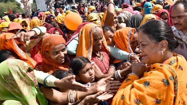 Chief minister Vasundhara Raje interacts with people during the Gaurav Yatra in Dausa district on Thursday. (HT photo) Chief minister Vasundhara Raje interacts with people during the Gaurav Yatra in Dausa district on Thursday. (HT photo)