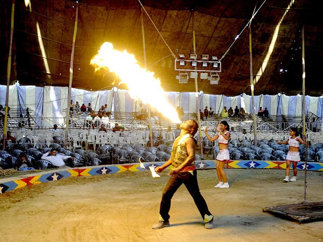 A circus artiste performs the fire-breathing act.(HT File Photo/Representative image)