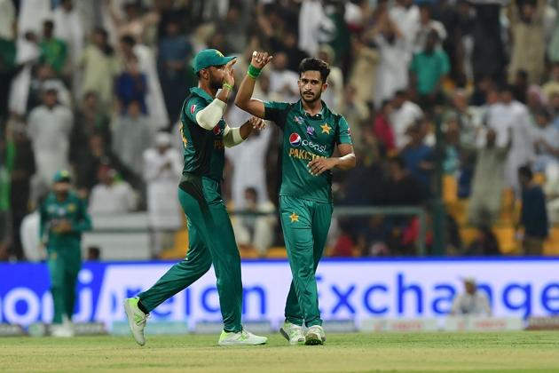 Pakistan's Hasan Ali (R) celebrates after he dismissed Afghanistan batsman Najibullah Zadran during the one day international. (AFP)