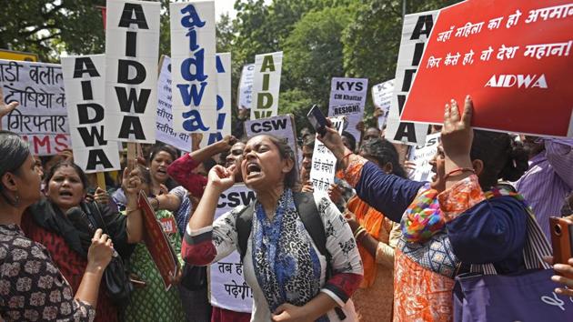 Members of All India Democratic Women's Association and various other organisations protest against the Rewari gang rape case, Haryana Bhawan, New Delhi, September 17, 2018 (Sanchit Khanna/HT PHOTO) Members of All India Democratic Women's Association and various other organisations protest against the Rewari gang rape case, Haryana Bhawan, New Delhi, September 17, 2018 (Sanchit Khanna/HT PHOTO)