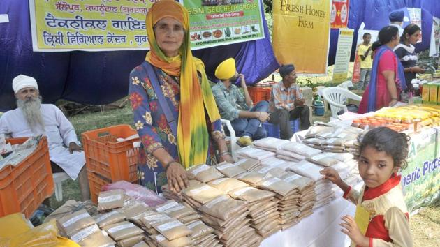 Ranjit Kaur at her stall of tuma pashu masala during the Pashu Palan Mela at GADVASU in Ludhiana on Thursday. (Gurminder Singh/HT) Ranjit Kaur at her stall of tuma pashu masala during the Pashu Palan Mela at GADVASU in Ludhiana on Thursday. (Gurminder Singh/HT)