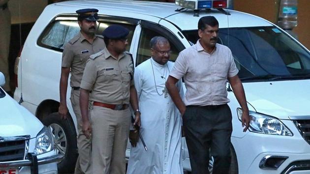 Bishop Franco Mulakkal (2nd right), accused of raping a nun, is pictured outside a crime branch office on the outskirts of Kochi in Kerala.(Reuters Photo)