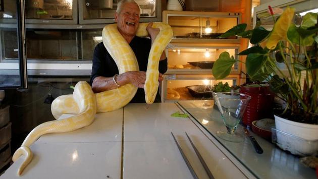 Gillet poses with a python in his house. He insists that locals do not mind their unusual neighbours and regularly pop in for coffee, safe in the knowledge that the most dangerous snakes are kept in a room behind two sets of doors. (Stephane Mahe / REUTERS) Gillet poses with a python in his house. He insists that locals do not mind their unusual neighbours and regularly pop in for coffee, safe in the knowledge that the most dangerous snakes are kept in a room behind two sets of doors. (Stephane Mahe / REUTERS)