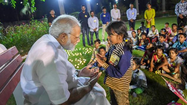 Prime Minister Narendra Modi interacts with the children from Kashi Vidyapith as part of his 68th birthday celebrations in Varanasi on September 17, 2018. (PTI) Prime Minister Narendra Modi interacts with the children from Kashi Vidyapith as part of his 68th birthday celebrations in Varanasi on September 17, 2018. (PTI)