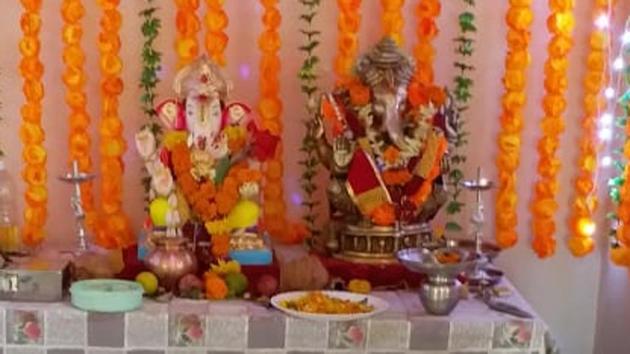 The Ganpati idol at Palash society is made of clay and mud. (HT PHOTO) The Ganpati idol at Palash society is made of clay and mud. (HT PHOTO)