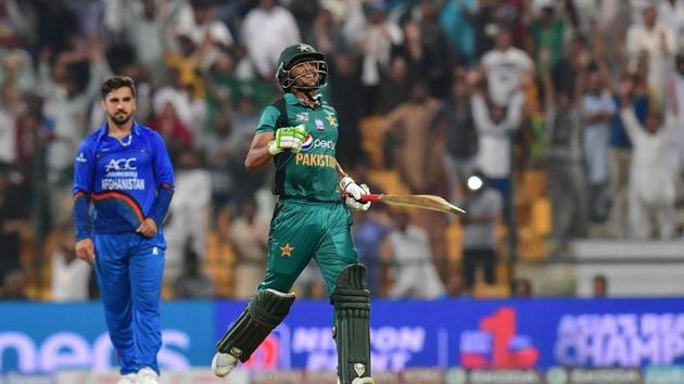 Pakistan's Hasan Ali celebrates at the end of the match during the one day international (ODI) Asia Cup cricket match between Pakistan and Afghanistan. (AFP)