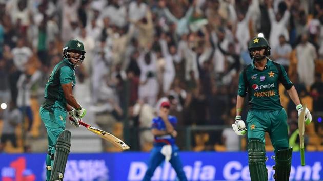 Pakistan's Hasan Ali (L) celebrates at the end of the match during the one day international (ODI) Asia Cup cricket match between Pakistan and Afghanistan at The Sheikh Zayed Stadium in Abu Dhabi.(AFP) Pakistan's Hasan Ali (L) celebrates at the end of the match during the one day international (ODI) Asia Cup cricket match between Pakistan and Afghanistan at The Sheikh Zayed Stadium in Abu Dhabi.(AFP)
