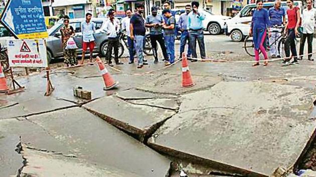 Drilling of the road had weakened its surface, said officials.(HT PHOTO)