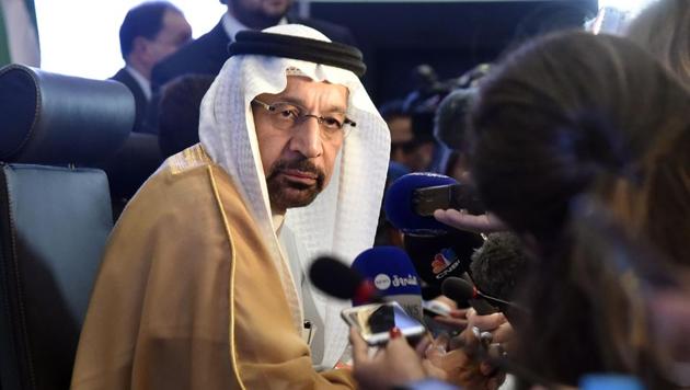 Khalid Al-Falih, Saudi Energy and Oil Minister and Chairman of OPEC's Joint Ministerial Monitoring Committee (JMMC), speaks to journalists during the 10th JMMC meeting in Algiers on September 23, 2018. (AFP) Khalid Al-Falih, Saudi Energy and Oil Minister and Chairman of OPEC's Joint Ministerial Monitoring Committee (JMMC), speaks to journalists during the 10th JMMC meeting in Algiers on September 23, 2018. (AFP)