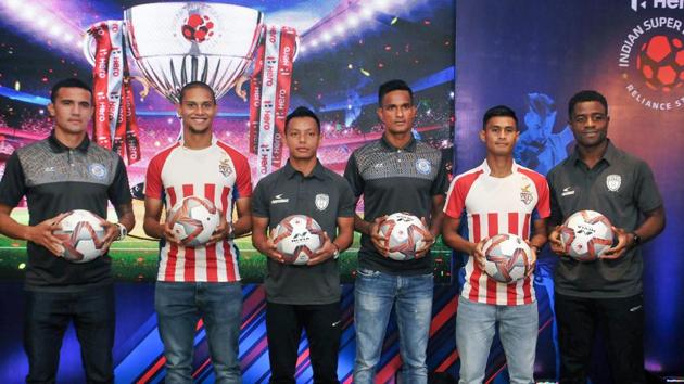 Kolkata: (L to R) Jamshedpur FC star player Tim Cahill, ATK player Gerson Vieira, NortEast United player Redeem Tlang, Jamshedpur player Subrata Paul, ATK player Eugenson Lyngdoh and NortheEast United's Bartholomew Ogbeche pose during a press conference for the upcoming ISL (Indian Super League) in Kolkata, Saturday, Sept 22, 2018. (PTI) Kolkata: (L to R) Jamshedpur FC star player Tim Cahill, ATK player Gerson Vieira, NortEast United player Redeem Tlang, Jamshedpur player Subrata Paul, ATK player Eugenson Lyngdoh and NortheEast United's Bartholomew Ogbeche pose during a press conference for the upcoming ISL (Indian Super League) in Kolkata, Saturday, Sept 22, 2018. (PTI)