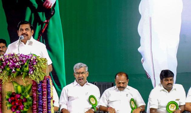 Tamil Nadu Chief Minister K Palaniswami speaks at the centenary celebrations of late chief minister MG Ramachandran in Kanyakumari on September 22, 2018.(PTI)