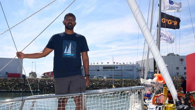 Abhilash Tomy on his boat ‘Thuriya’ in Les Sables d'Olonne Harbour, ahead of the solo around-the-world sailing race for the "Golden Globe Race" ocean race.(AFP File Photo)