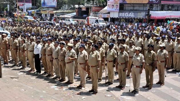 Police force assemble at Tilak chowk after completion of the Ganesh immersion procession on Sunday. (HT photo) 