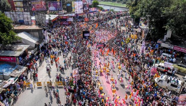 Aerial shot of the Ganesh immersion procession on Laxmi road on Sunday. (Sanket Wankhade/HT PHOTO) Aerial shot of the Ganesh immersion procession on Laxmi road on Sunday. (Sanket Wankhade/HT PHOTO)