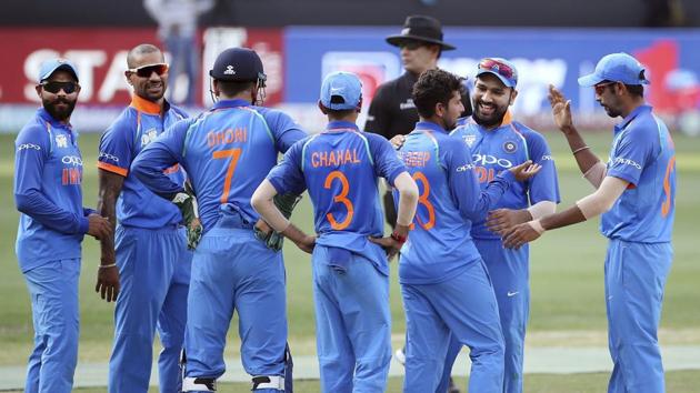 Kuldeep Yadav, third right, celebrates with teammates the dismissal of Pakistan's Fakhar Zaman. (AP) Kuldeep Yadav, third right, celebrates with teammates the dismissal of Pakistan's Fakhar Zaman. (AP)