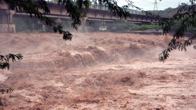 In Punjab, the water level near Sarhala head of Ghaggar river near Patiala district crossed the danger level mark at 16 feet. (Sant Arora /HT)