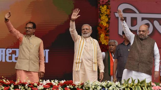 Prime Minister Narendra Modi addressed a rally of BJP workers in poll-bound Bhopal on Tuesday. BJP president Amit Shah also spoke at the event -- ‘Karyakarta Mahakumbh’ -- on the birth anniversary of Pandit Deendayal Upadhyaya, the co-founder the Bharatiya Jana Sangh. The event was billed as the “world’s largest congregation of political workers,” a BJP spokesperson said. (Mujeeb Faruqui / HT Photo) Prime Minister Narendra Modi addressed a rally of BJP workers in poll-bound Bhopal on Tuesday. BJP president Amit Shah also spoke at the event -- ‘Karyakarta Mahakumbh’ -- on the birth anniversary of Pandit Deendayal Upadhyaya, the co-founder the Bharatiya Jana Sangh. The event was billed as the “world’s largest congregation of political workers,” a BJP spokesperson said. (Mujeeb Faruqui / HT Photo)