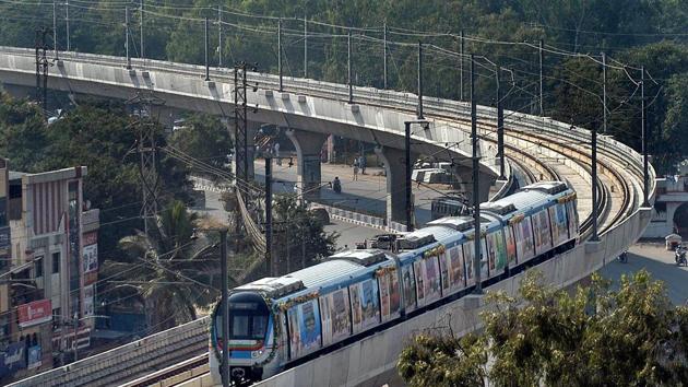 A metro train runs on its tracks after the inauguration of Hyderabad Metro Rail project in Hyderabad.(PTI File Photo)