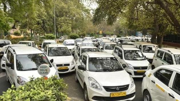Hundreds of commercial cars parked near Jantar Mantar due to a strike by the drivers of OLA and Uber Cabs at Parliament Street in New Delhi, India, on Thursday, March 22, 2018.(HT File Photo)