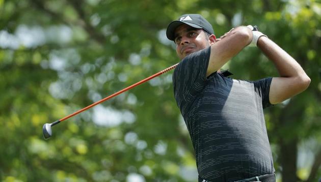 Shubhankar Sharma of India plays his shot from the second tee during the second round of the 2018 PGA Championship at Bellerive Country Club(AFP)