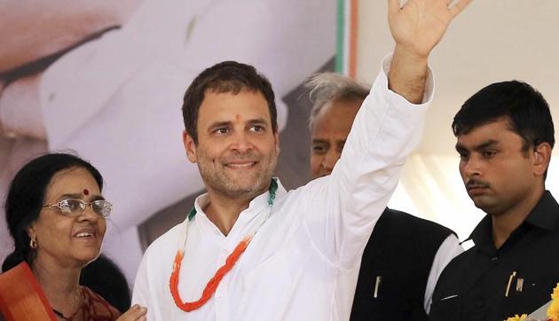 Congress President Rahul Gandhi waves at party workers during their 'Sankalp Rally' at Sangwara in Dungarpur, Rajasthan, Thursday, Sept 20, 2018. Senior leader Girija Vyas is also seen. (PTI File Photo) Congress President Rahul Gandhi waves at party workers during their 'Sankalp Rally' at Sangwara in Dungarpur, Rajasthan, Thursday, Sept 20, 2018. Senior leader Girija Vyas is also seen. (PTI File Photo)