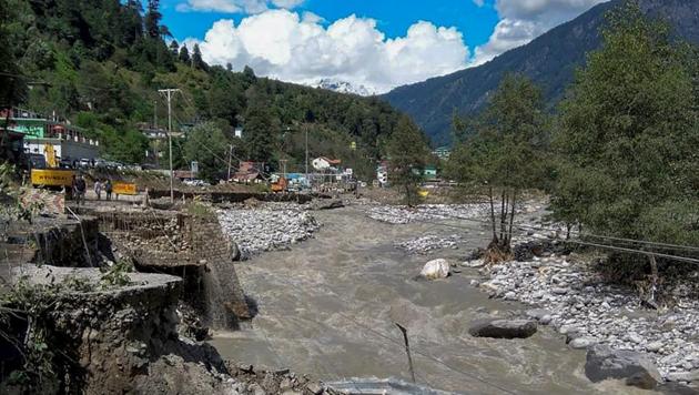 A view of the Beas River after incessant rains, in Kullu, Himachal Pradesh, on Tuesday.(PTI Photo)