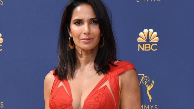 Padma Lakshmi arrives for the 70th Emmy Awards at the Microsoft Theatre in Los Angeles.(AFP)