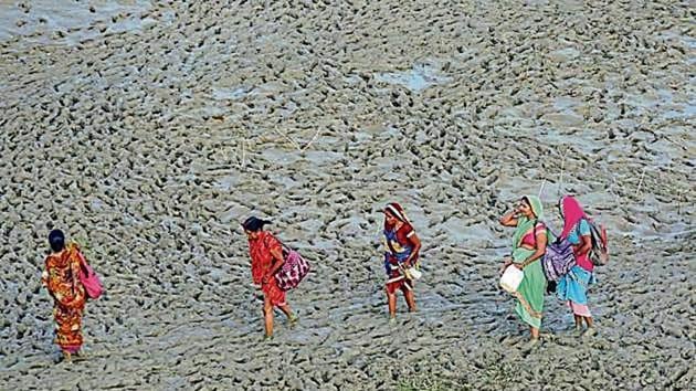 People walk along the muddy banks of River Ganga in Allahabad(PTI Photo)