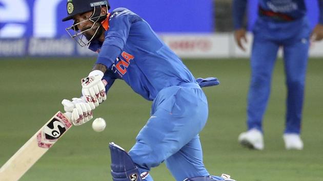 India's Lokesh Rahul plays a shot during the one day international cricket match of Asia Cup between India and Afghanistan in Dubai, United Arab Emirates, Tuesday, Sept. 25, 2018. (AP Photo/Aijaz Rahi) (AP)