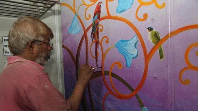 The paintings show birds singing on trees, dolphins jumping out of the water, a tiny land mass with coconut trees, lush greenery and flowery bushes. (Western Railway Photo) The paintings show birds singing on trees, dolphins jumping out of the water, a tiny land mass with coconut trees, lush greenery and flowery bushes. (Western Railway Photo)