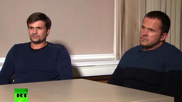 A screengrab taken on September 13, 2018, from footage broadcast by Russia's state broadcaster Russia Today (RT), shows two men, purported to be Alexander Petrov and Ruslan Boshirov taking part in a television interview.(AFP / Russia Today (RT))