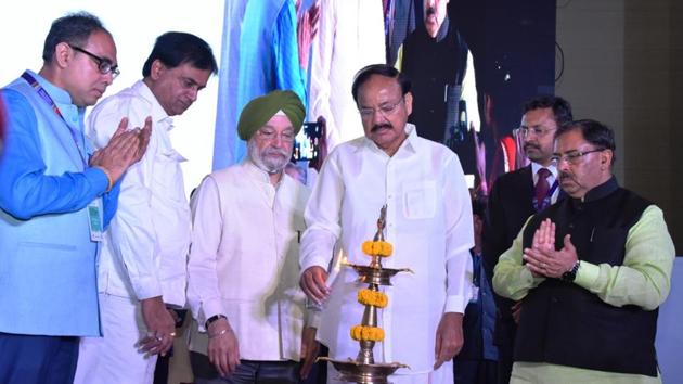 Vice President of India, Mr. Venkaiah Naidu along with city mayor Ashok Lahoti (L) and other dignitaries light the ceremonial lamp at the inaugural session of the Smart City Expo India 2018 at Jaipur Exhibition & Convention Centre in Sitapura, Jaipur, Rajasthan, India on Tuesday, 26th September 2018. (HT Photo) Vice President of India, Mr. Venkaiah Naidu along with city mayor Ashok Lahoti (L) and other dignitaries light the ceremonial lamp at the inaugural session of the Smart City Expo India 2018 at Jaipur Exhibition & Convention Centre in Sitapura, Jaipur, Rajasthan, India on Tuesday, 26th September 2018. (HT Photo)