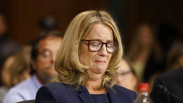 Christine Blasey Ford reacts as she speaks before the Senate Judiciary Committee hearing on the nomination of Brett Kavanaugh to be an associate justice of the Supreme Court of the United States, on Capitol Hill in Washington, DC.(REUTERS)