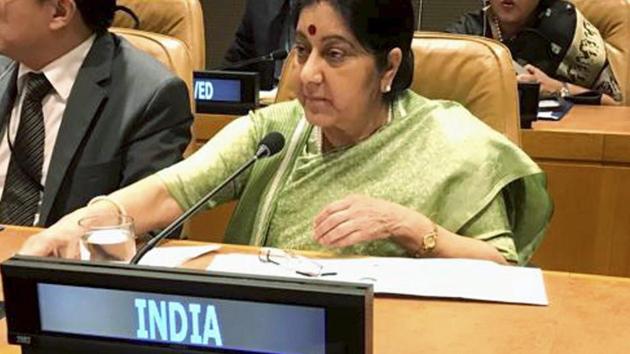 New York: Union Minister for External Affairs Sushma Swaraj during a meeting on climate change at the 73rd UN General Assembly in New York, Wednesday, September 26, 2018.(PTI)