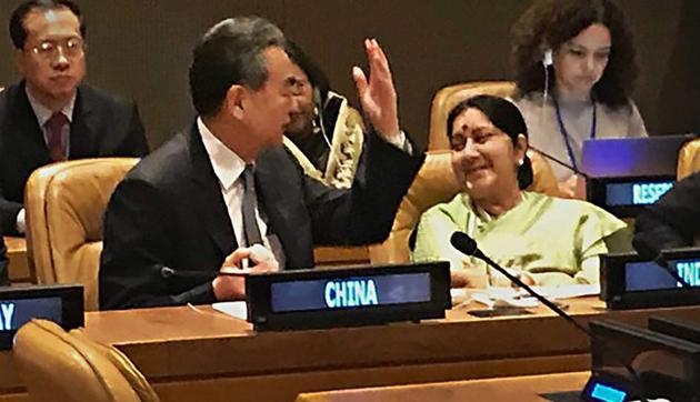 External affairs minister Sushma Swaraj with her Chinese counterpart Wang Yi during a high-level meeting on climate change, on the sidelines of the United Nations General Assembly, at the UN headquarters, on Thursday.(PTI)