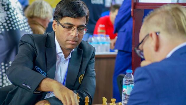 Batumi: Five-time world champion Viswanathan Anand plays against Markus Ragger of Austria in the second round of the team event at 43rd Chess Olympiad in Batumi, Geogia, Wednesday, Sept 26, 2018. Anand beat Ragger as Indian team won against Austria, 3.5 - 0.5. (Paul Troung via PTI Photo) (STORY SPF 13)(PTI9_26_2018_000088B)(PTI)