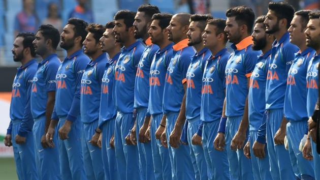Indian players line up for the national anthem before the start of the ODI Asia Cup cricket match between Afghanistan and India at the Dubai International Cricket Stadium in Dubai, United Arab Emirates. (Ishara S. Kodikara / AFP)