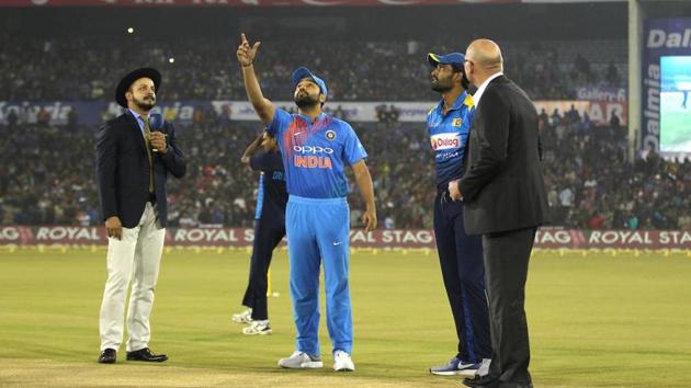 Rohit Sharma Captain of India and Thisara Perera Captain of Sri Lanka during toss of the first International T20 match (T20i) held at the the Barabati Stadium, Cuttack between India and Sri Lanka on the 20th December 2017.(BCCI)