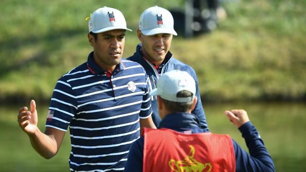 US golfer Brooks Koepka (C) and US golfer Tony Finau (L) celebrate after victory in their fourball match on the first day of the 42nd Ryder Cup at Le Golf National Course at Saint-Quentin-en-Yvelines, south-west of Paris on September 28, 2018. (AFP) US golfer Brooks Koepka (C) and US golfer Tony Finau (L) celebrate after victory in their fourball match on the first day of the 42nd Ryder Cup at Le Golf National Course at Saint-Quentin-en-Yvelines, south-west of Paris on September 28, 2018. (AFP)