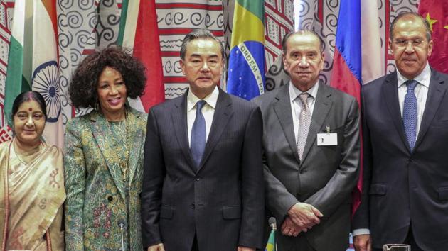 Foreign Ministers of BRICS nations ( from left) Sushma Swaraj of India, Lindiwe Nonceba Sisulu of South Africa, Wang Yi of China, Aloysio Nunes Ferreira of Brazil and Sergey Lavrov of Russia pose for a photograph before their meeting on the sidelines of 73rd UNGA at the UN headquarters in New York, Thursday, September 27, 2018.(PTI)