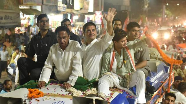 Congress president Rahul Gandhi along with Jyotiraditya Scindia and MPCC chief Kamalnath waves at his supporters during a road show in Rewa in Madhya Pradesh on Thursday, Sept 27, 2018. (Mujeeb Faruqui / Hindustan Times)) Congress president Rahul Gandhi along with Jyotiraditya Scindia and MPCC chief Kamalnath waves at his supporters during a road show in Rewa in Madhya Pradesh on Thursday, Sept 27, 2018. (Mujeeb Faruqui / Hindustan Times))
