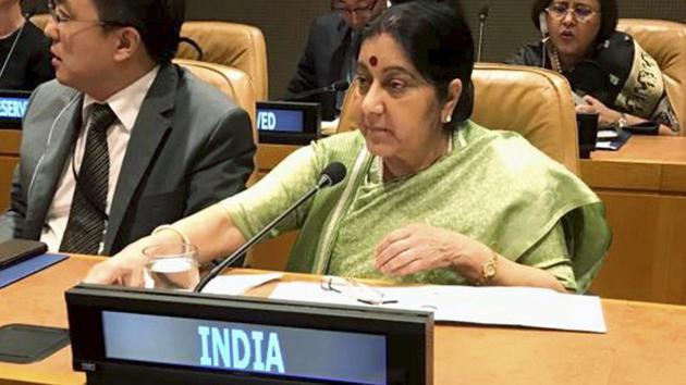Union Minister for External Affairs Sushma Swaraj during a meeting on climate change at the 73rd UN General Assembly in New York, September 26, 2018. (PTI) Union Minister for External Affairs Sushma Swaraj during a meeting on climate change at the 73rd UN General Assembly in New York, September 26, 2018. (PTI)