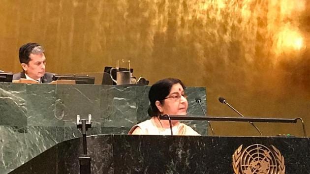Sushma Swaraj also spoke on how the UN needed to work together as a family, while delivering her speech.(Raveesh Kumar/Twitter Photo)