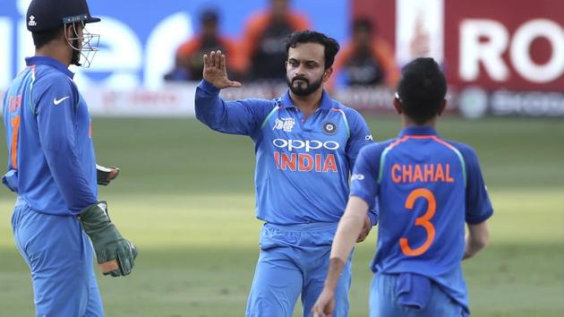 India's Kedar Jadhav, center, celebrates with teammates the dismissal of Bangladesh's Mehidy Hasan. (AP) India's Kedar Jadhav, center, celebrates with teammates the dismissal of Bangladesh's Mehidy Hasan. (AP)