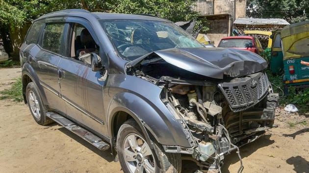 The SUV that Apple executive Vivek Tiwari was driving when he was shot in Lucknow’s Gomti Nagar on Saturday. (PTI Photo) The SUV that Apple executive Vivek Tiwari was driving when he was shot in Lucknow’s Gomti Nagar on Saturday. (PTI Photo)